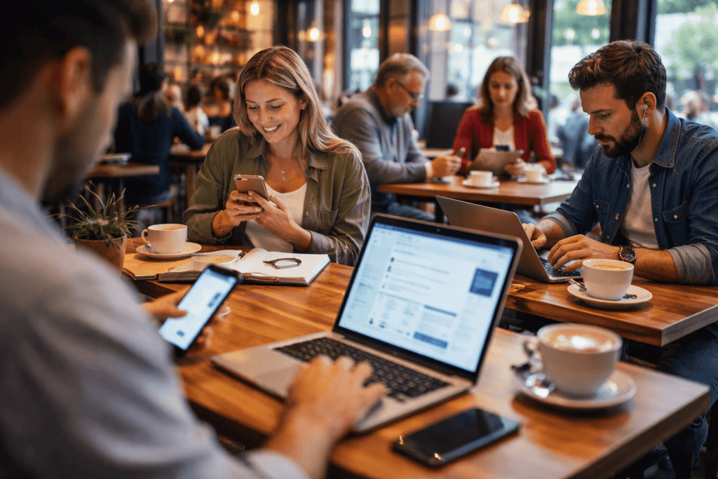 gente en una cafeteria usando usando portátiles
