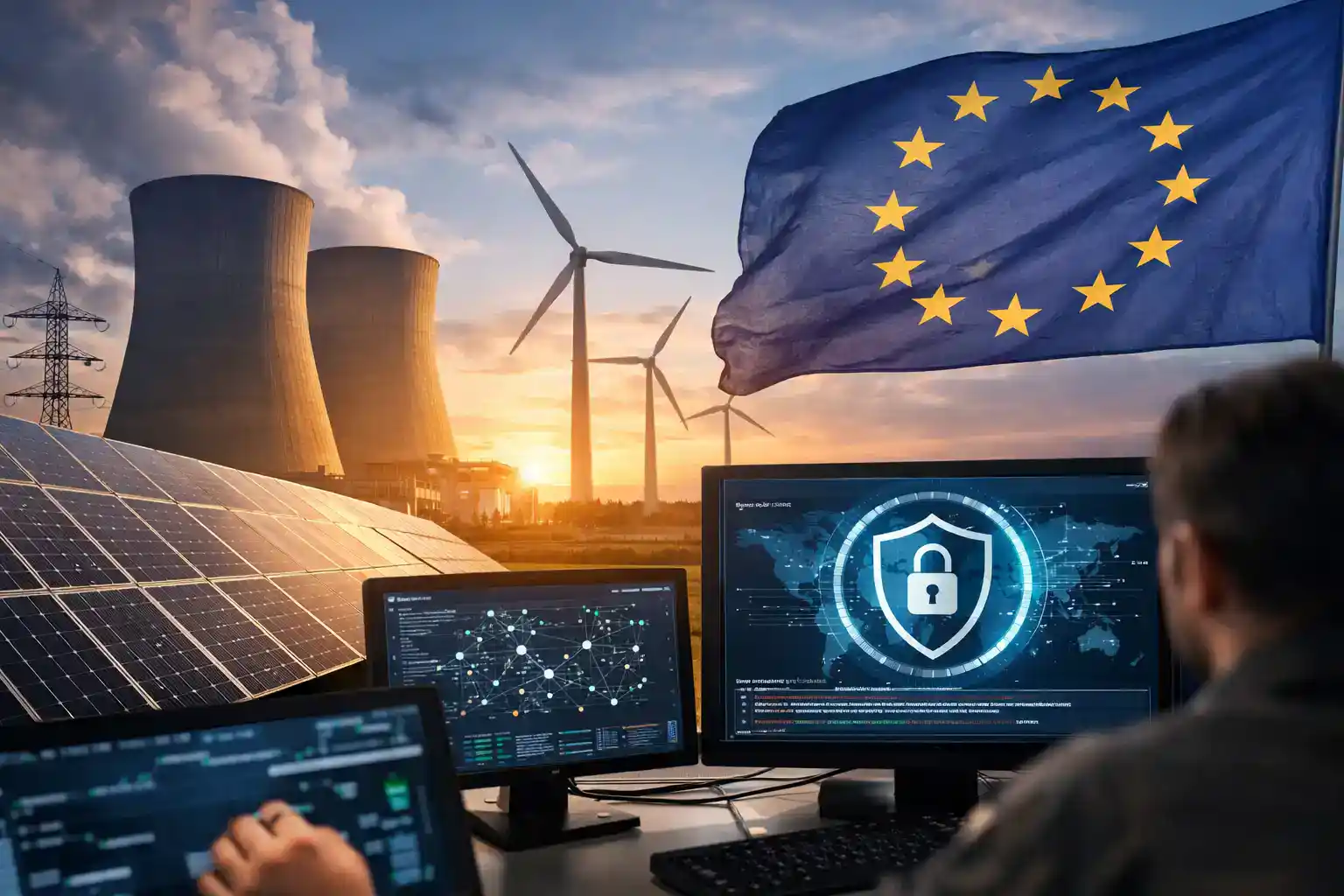 Energía limpia, paneles solares y tecnología de ciberseguridad en un entorno industrial.