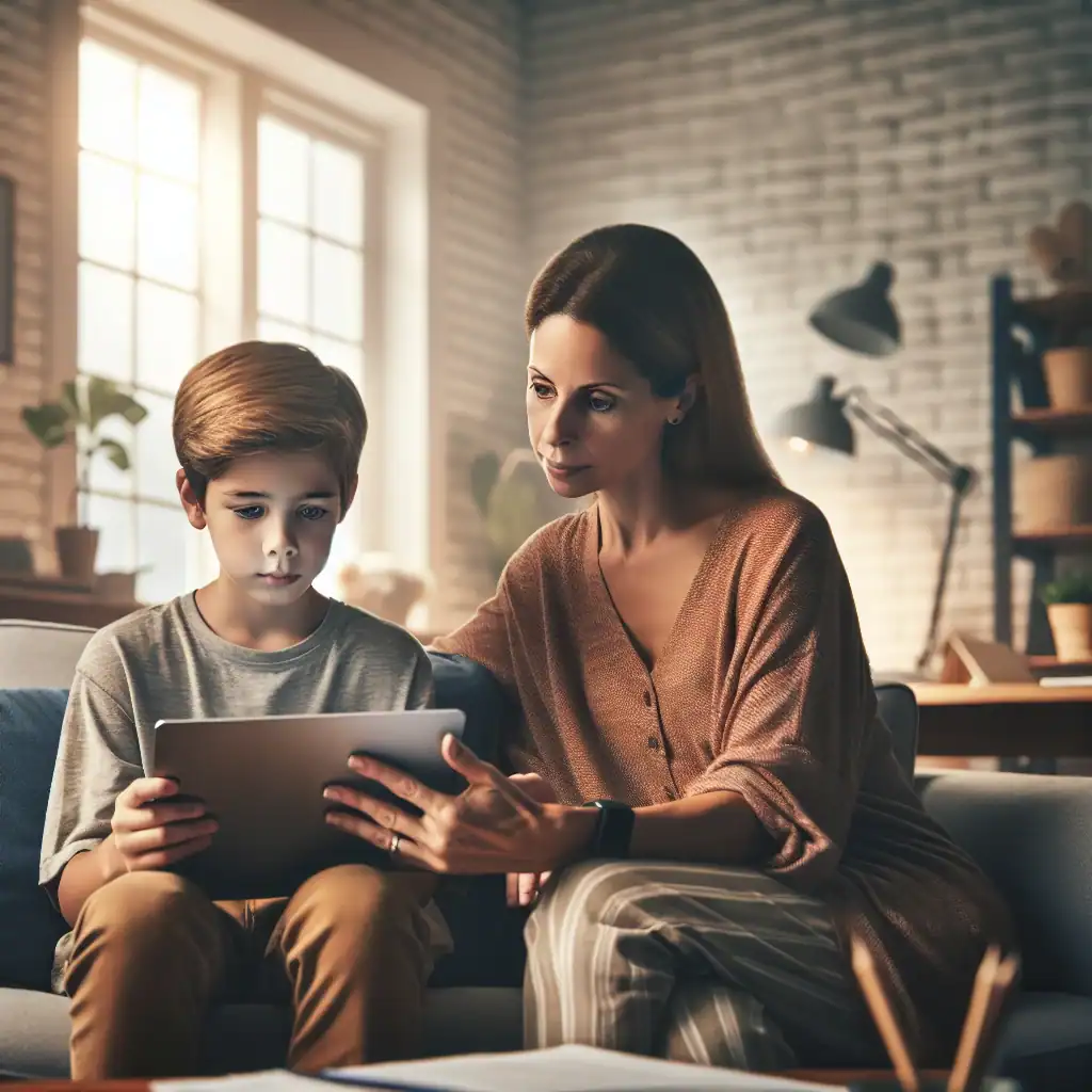 Una madre con su hijo con una tablet en la mano